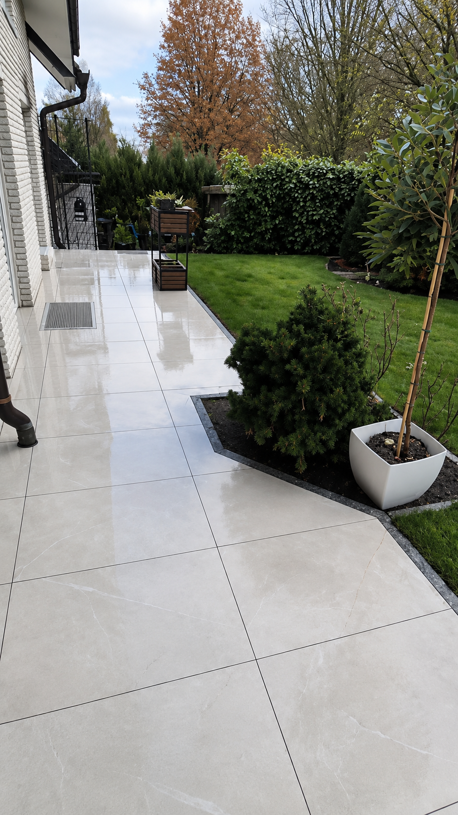 Zeitlose Großformatplatten, präzise verlegt und harmonisch in die Gartenanlage integriert – für eine elegante, langlebige und pflegeleichte Außenfläche mit hochwertiger Optik.