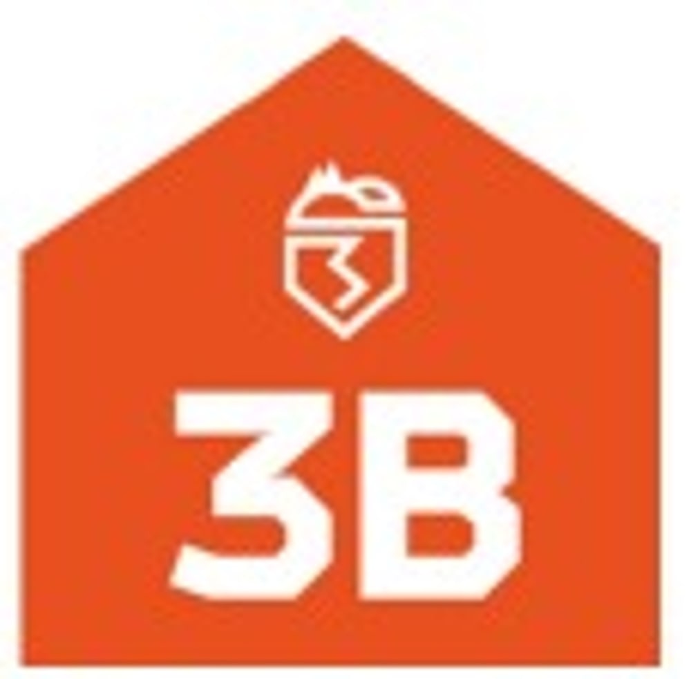 Orangefarbenes Schild in Hausform mit weißem "3B" und einem Logo darüber.