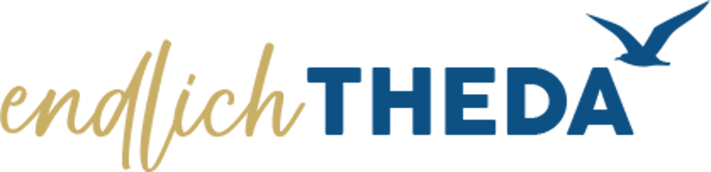 Schriftzug „endlich THEDA“ in Gold und Blau mit einer fliegenden blauen Möwe auf schwarzem Hintergrund.