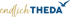 Logo mit dem Schriftzug „endlich THEDA“ in Gold und Blau neben der Silhouette einer fliegenden Möwe auf schwarzem Grund.