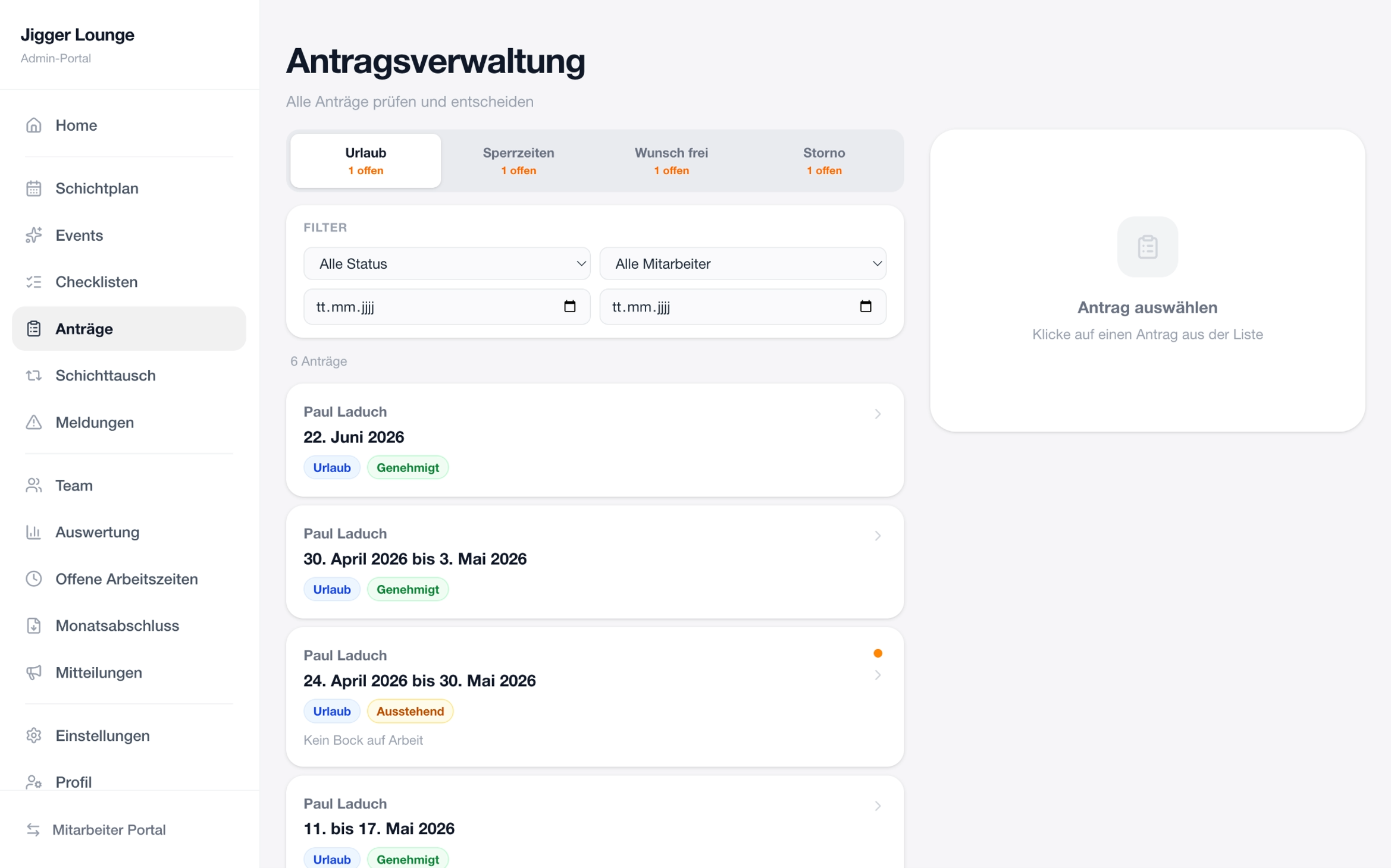 Offene Anträge im cohra Admin-Portal