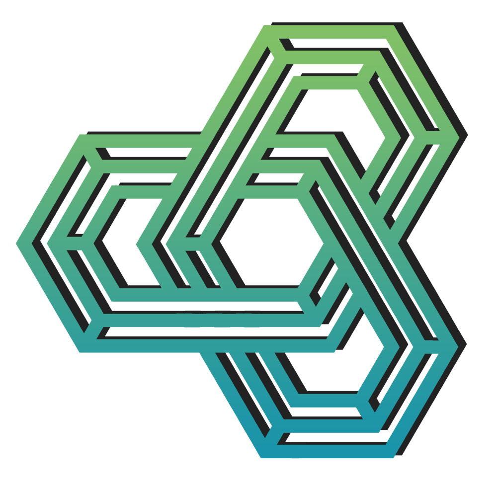 Eine ineinandergreifende, dreidimensionale, optische Illusion aus Hexagonformen in Grün-Blau-Verlauf. Logo einer Osteopathie Praxis aus Augsburg