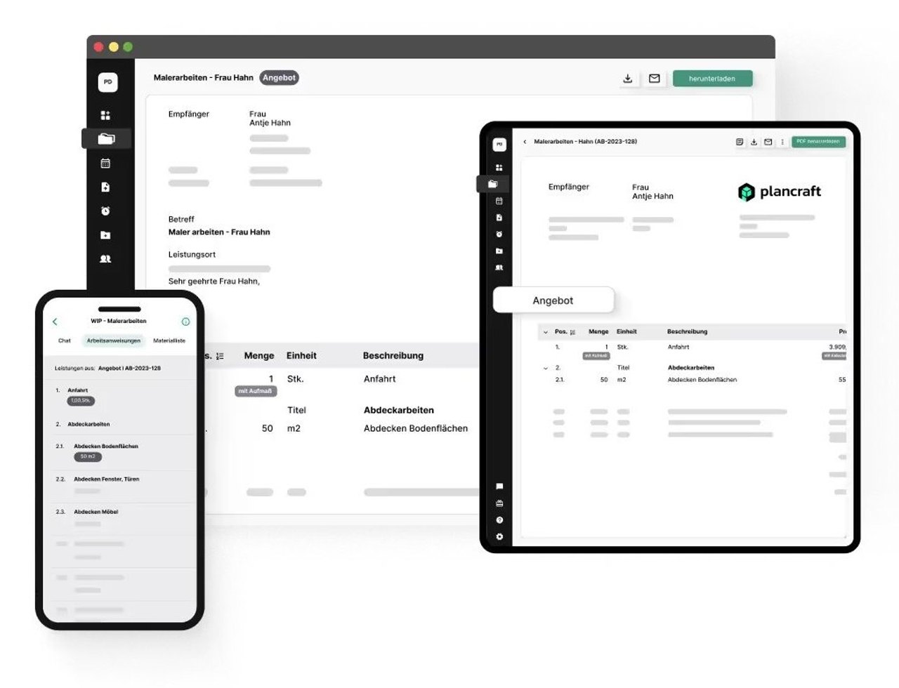 plancraft auf Mac, iPad und iPhone: ein Angebot für Malerarbeiten im Mac-Fenster und auf dem iPad, davor die Arbeitsanweisungen auf dem iPhone