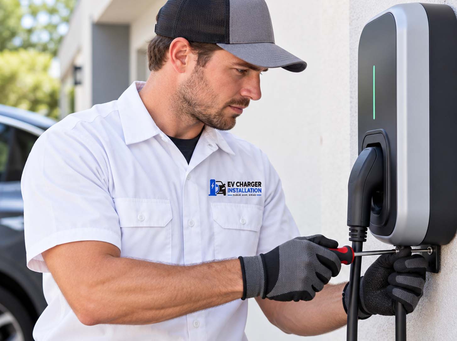 Electric vehicle charging from a wall-mounted charger in a residential garage