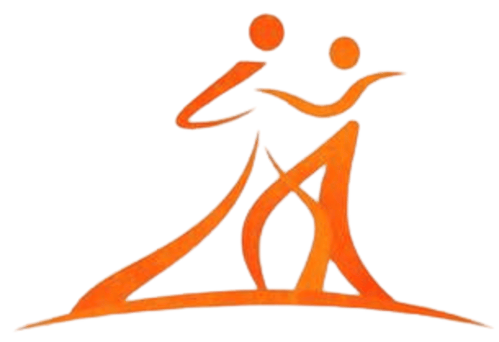 Zwei orangefarbene, stilisierte Figuren tanzen in einer fließenden Bewegung.