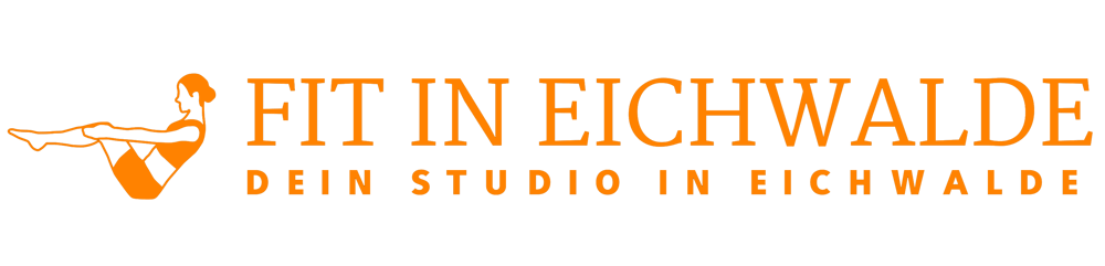 Logo von Fit in Eichwalde mit einer orangefarbenen Silhouette einer turnenden Person auf schwarzem Hintergrund.