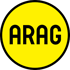 Gelber Kreis mit schwarzem Rand und dem schwarzen Text "ARAG" in Großbuchstaben.