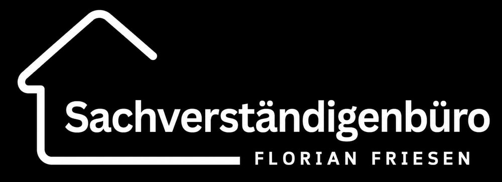 Logo vom Sachverständigenbüro Florian Friesen mit einer weißen Haus-Silhouette auf schwarzem Hintergrund.