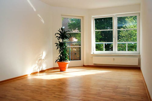 Heller, unmöblierter Wohnraum mit Holzboden, großen Fenstern und Balkontür.