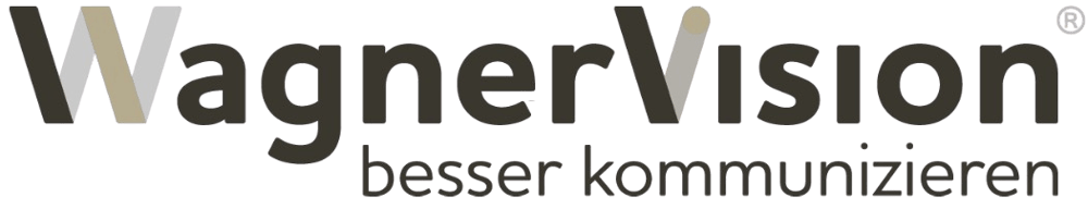 WagnerVision Logo in Grau auf schwarzem Grund mit dem Slogan besser kommunizieren.