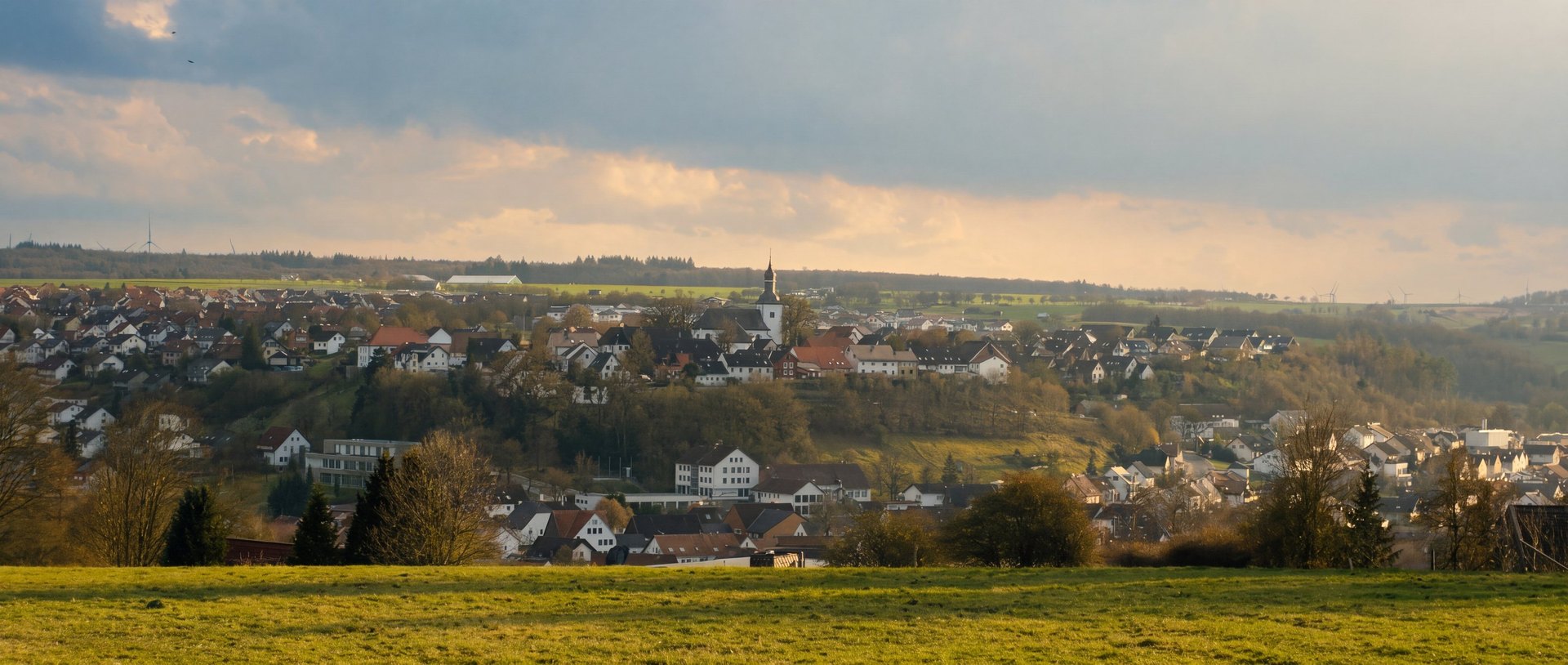 Blick über Wiesen auf Bad Wünnenberg mit dem Zwiebelturm von St. Antonius