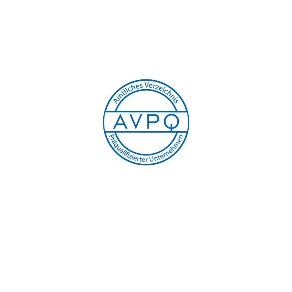Logo "Amtliches Verzeichnis Präqualifizierter Unternehmen" (AVPQ) mit Text auf dunkelgrünem Hintergrund.