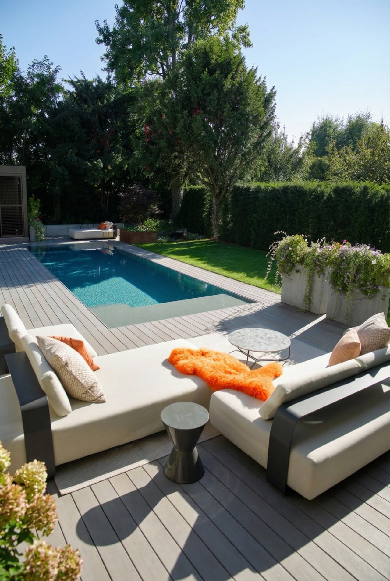 Terrasse mit Pool und zwei beigen Sonnenliegen in Neu-Ulm