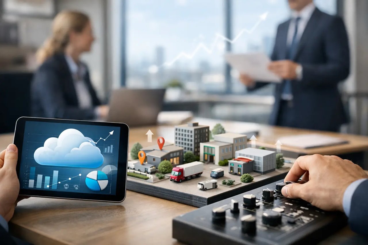 Ein Tablet mit Cloud-Statistiken neben einem 3D-Logistikmodell mit LKW und Gebäuden in einem modernen Büro.