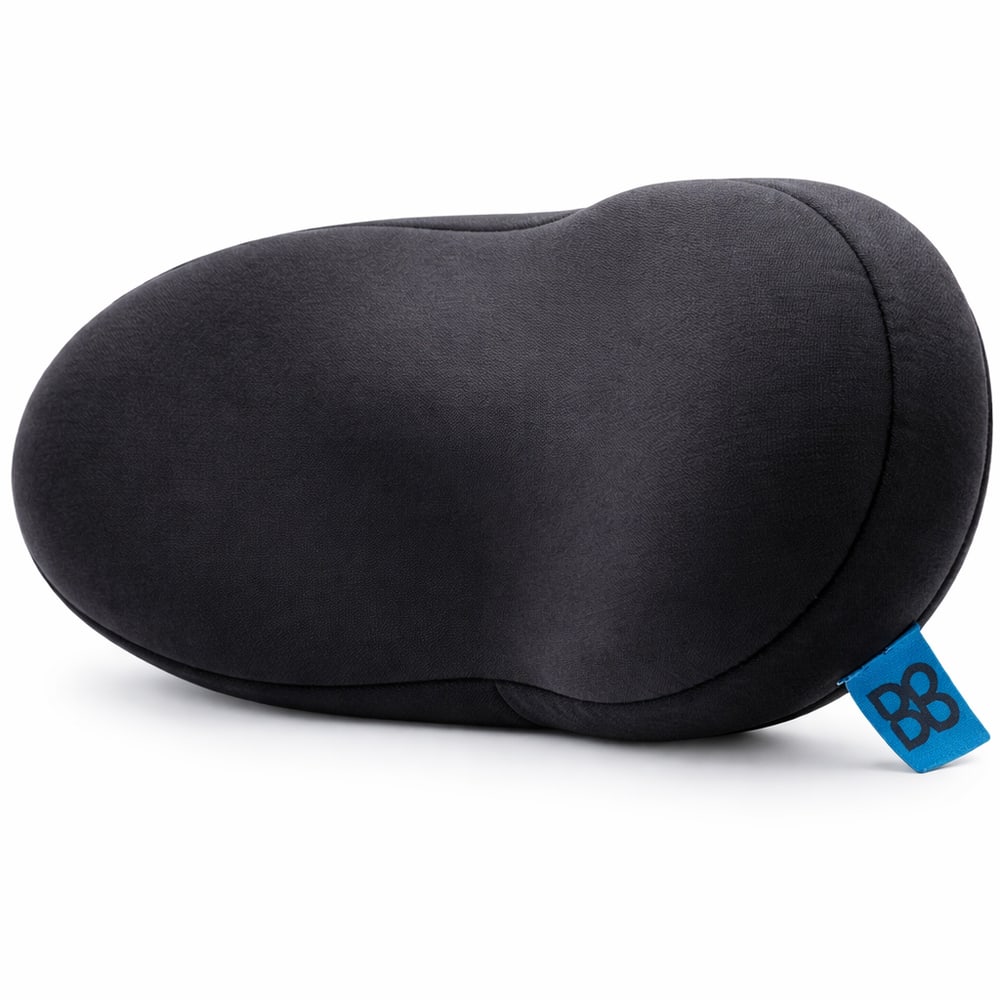 Schwarzes, ergonomisches Kopfstützpolster mit blauem BB-Etikett