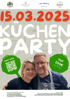 Kuchenparty-Plakat mit Datum 15.03.2025, Preis 150€, QR-Code und lächelndem Paar.