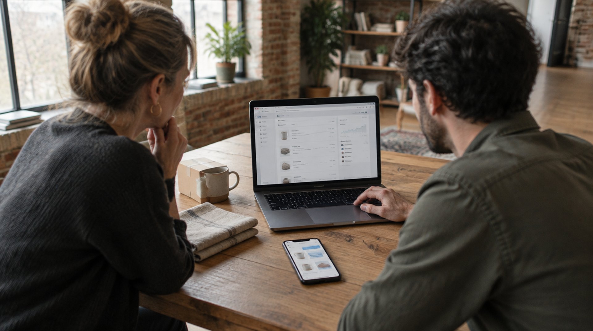 Shop-Inhaberin und Freelancer in einem Berliner Loft vor einem Laptop mit dem Shopify-Admin, daneben ein Smartphone mit einem Chat, in dem Produktkarten angezeigt werden