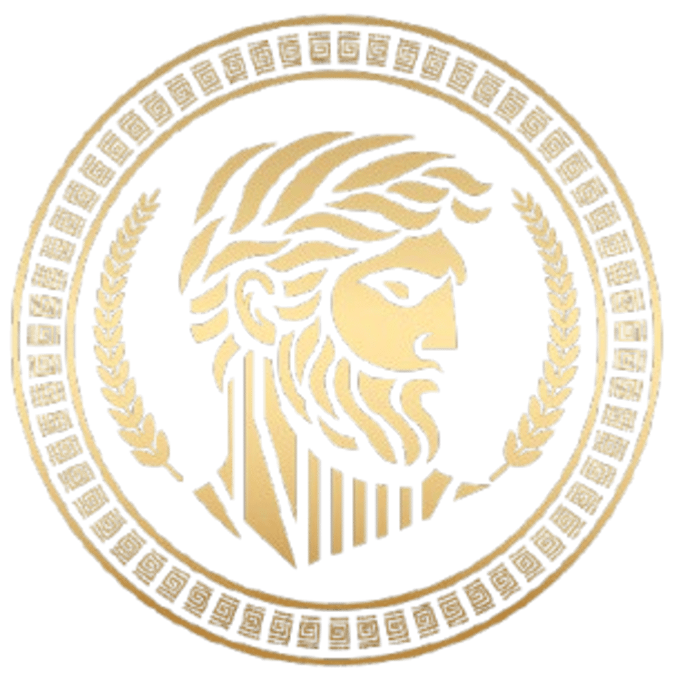 Goldenes Medaillon mit bärtigem Profilkopf, umrahmt von einem Lorbeerkranz und griechischem Muster.