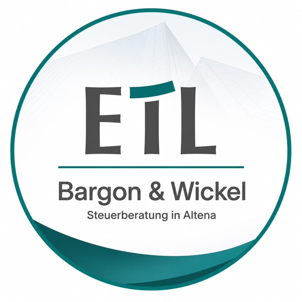 Rundes Logo mit ETL, Bargon & Wickel, Steuerberatung in Altena, und stilisierten Bergspitzen.