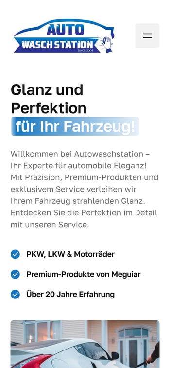 Website der Autowaschstation in der Handy-Ansicht