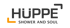 HÜPPE Logo mit Claim "SHOWER AND SOUL" in dunkelgrauer Schrift auf grünem Hintergrund, mit orangefarbenen Akzenten.