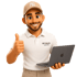 Mann im NY-Basecap, weißem Poloshirt mit "DP SALES MARKETING"-Logo, Laptop und Daumen hoch.