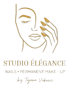 Goldene Linienzeichnung eines Frauengesichts mit Hand und Nägeln; Text: STUDIO ÉLÉGANCE, NAILS • PERMANENT MAKE-UP by Tajana Vukovic.