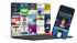 Laptop und Smartphone zeigen Werbebanner für verschiedene Berufe und Fitness-Angebote.