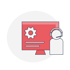 Roter Monitor mit Zahnradsymbol und Person mit Headset, auf weißem Kreis.