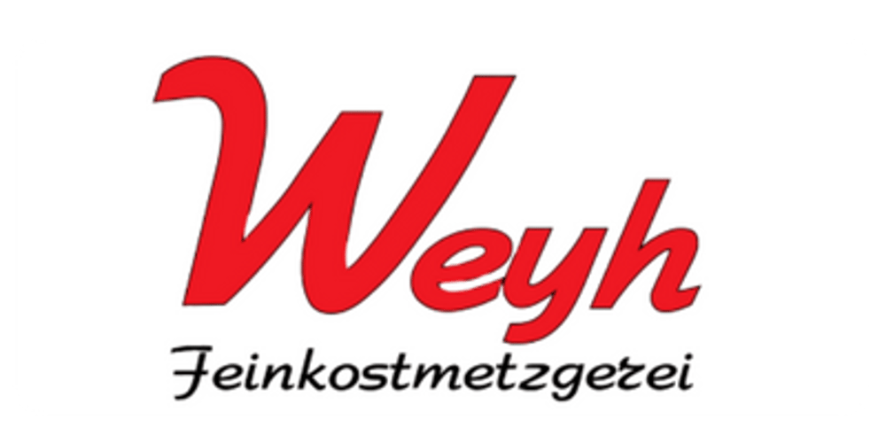 Logo von Weyh Feinkostmetzgerei in Rot und Schwarz auf weißem Hintergrund.