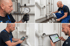 NOÉ Installateur prüft Abwasserrohre mit Manometer, Spray, Messgerät und Tablet zur Dichtheitsprüfung.
