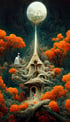 Ein Fantasy-Haus in einem verwunschenen Wald mit leuchtend orangefarbenen Bäumen, beleuchtet von einem hellen Mond.
