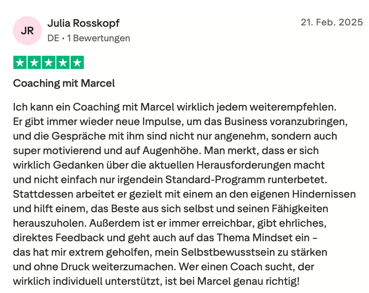Trustpilot-Rezension von Julia Rosskopf