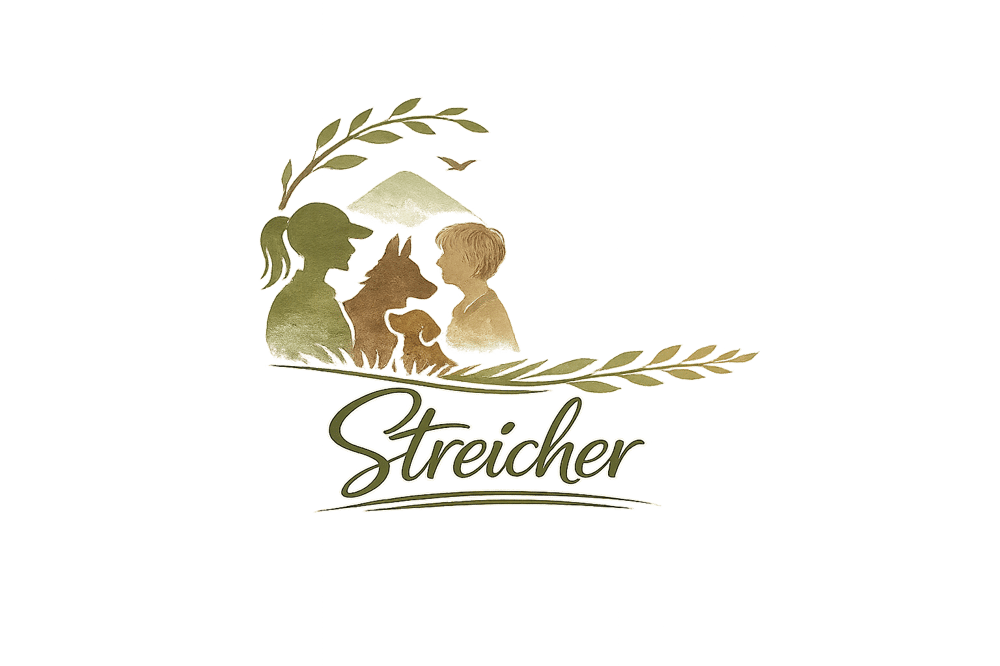 Braunes Logo mit Kind, Mädchen, Hund, Katze, Berg, Vogel und dem Schriftzug "Streicher".
