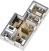 3D-Visualisierung eines Wohnungsgrundrisses mit Küche, Essbereich, Bad und Schlafzimmer