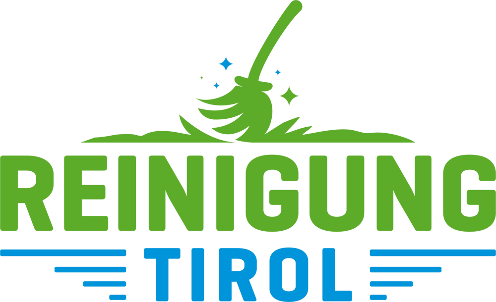 Grünes Logo mit Besen, blauen Sternen und Text "REINIGUNG TIROL" in Grün und Blau.