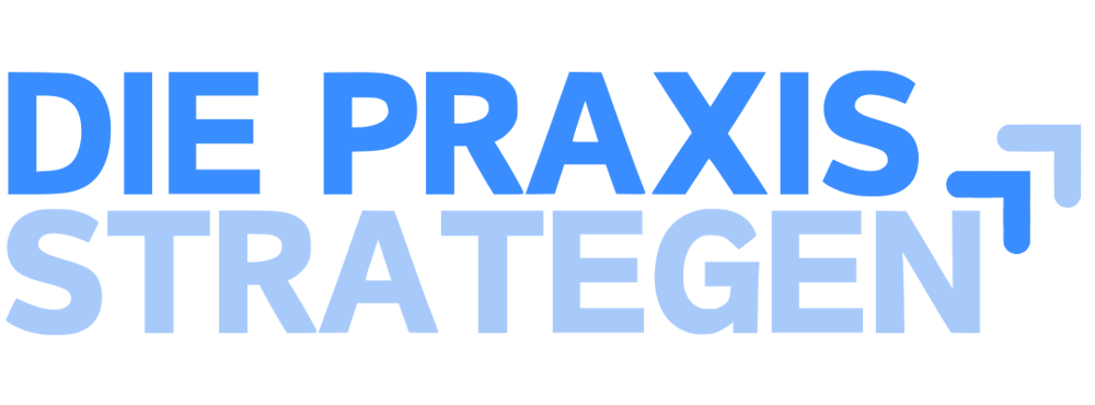 Text: DIE PRAXIS STRATEGEN mit einem nach oben rechts zeigenden Pfeil.