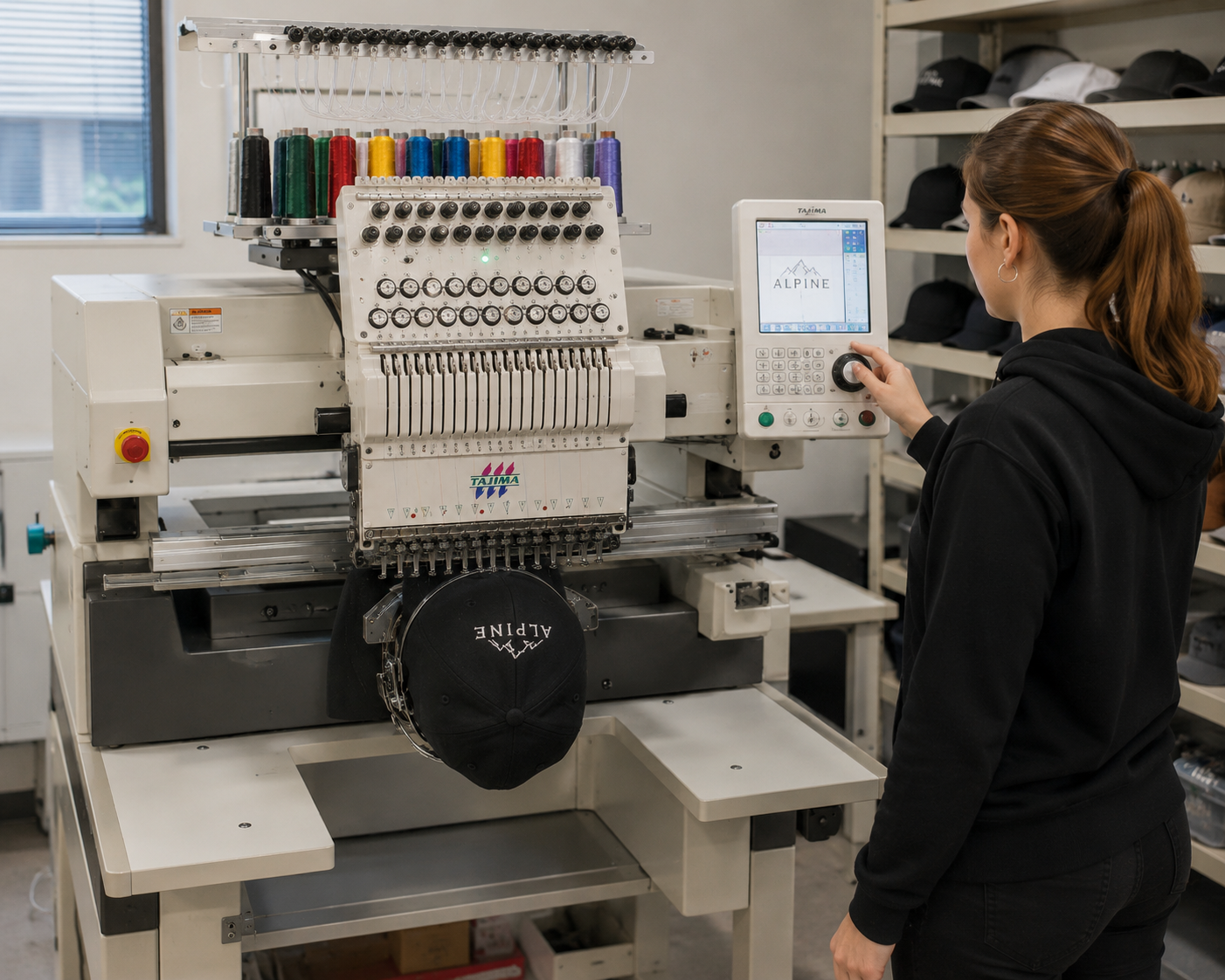 Mitarbeiterin rüstet eine Stickmaschine mit einer Kappe