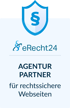 Blaues Schild mit Paragraphenzeichen, eRecht24 Logo, Text "AGENTUR PARTNER für rechtssichere Webseiten".