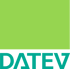 Grünes Rechteck mit dem türkisen Schriftzug "DATEV" am unteren Rand.