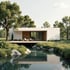 Moderner Bungalow auf dem Land mit Holzterrasse am Wasser, eingebettet in natürliche Landschaft