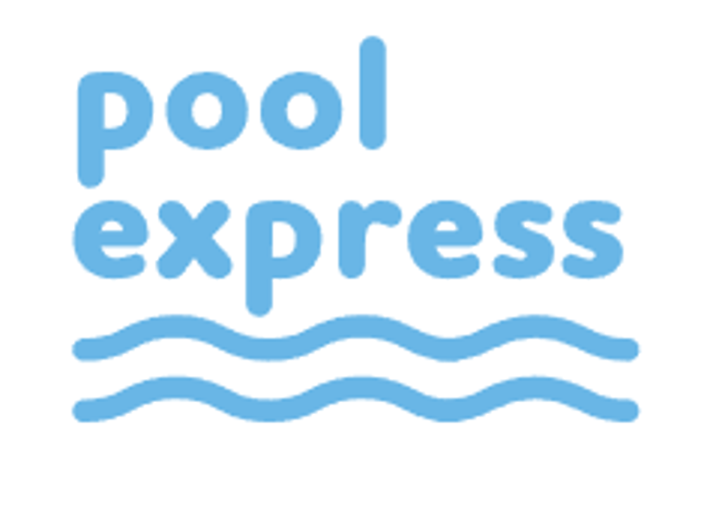 Blaues "pool express" Logo mit zwei Wellenlinien darunter.