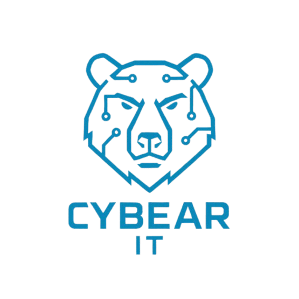 Blauer Bärenkopf als Leiterplatte mit den Worten "CYBEAR IT" auf dunkelgrünem Hintergrund.