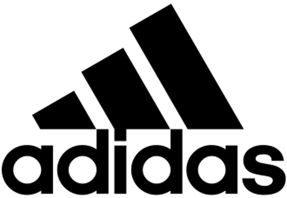 Adidas-Logo mit drei schrägen schwarzen Streifen, die einen Berg bilden, über dem Wort „adidas“.