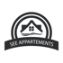 Ein schwarzes Logo mit einem Haus und Wellen in einem Halbkreis, darunter der Schriftzug "SEE APPARTEMENTS".