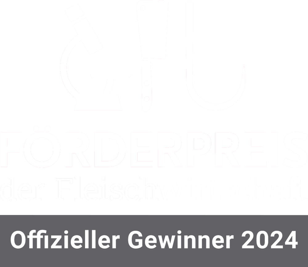 FÖRDERPREIS der Fleischwirtschaft. Offizieller Gewinner 2024. Mikroskop, Schlachtermesser und Fleischhaken.
