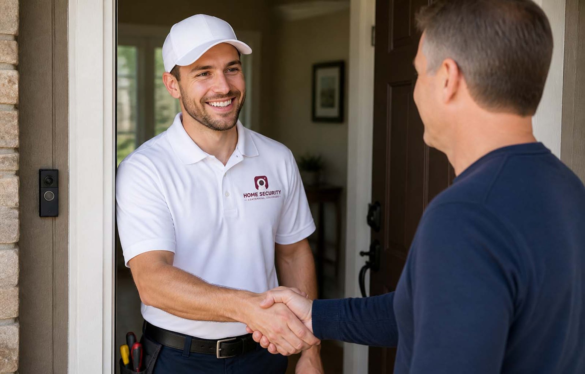 home security technician in a white polo shirt and cap shakes hands with a homeowner