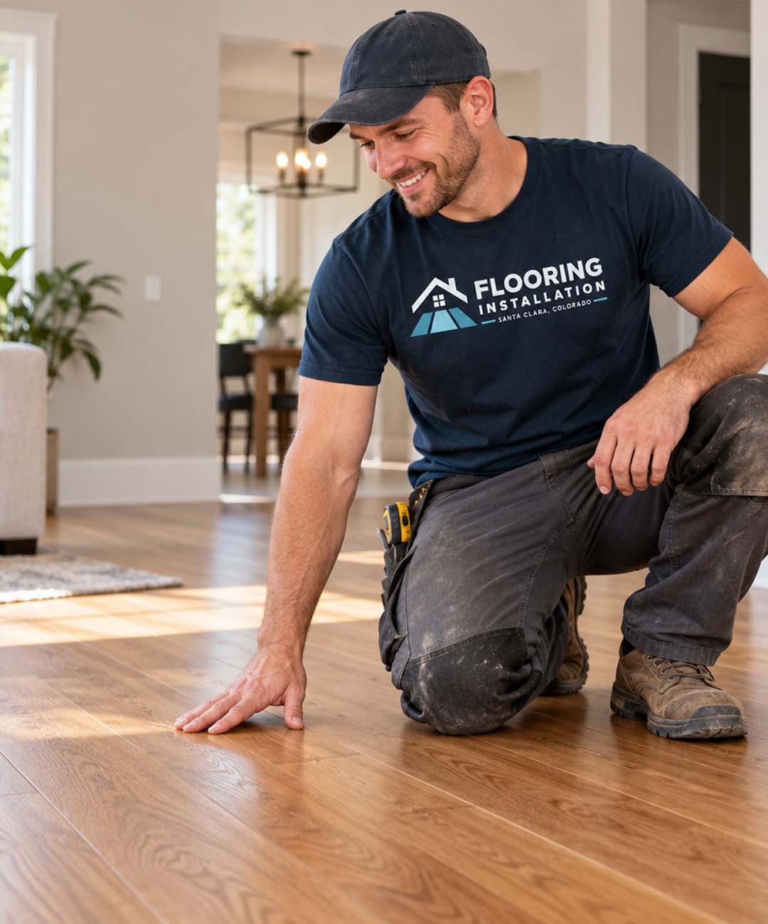 Newly installed hardwood floor in a Santa Clara living and dining room