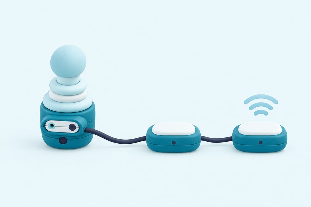 Illustration: Joystick-Modul, per Kabel mit zwei Modulen verbunden