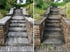 Vorher-Nachher-Vergleich einer Steintreppe, links sauber, rechts schmutzig mit Unkraut.